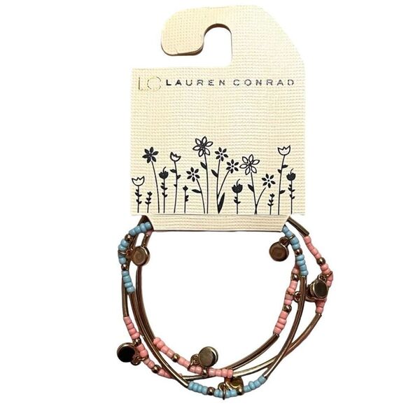 ⭐️3/$25⭐️LC Lauren Conrad Set Of 3 Gold Tone Pink And Blue Stretch Bracelets NWT - Picture 1 of 3